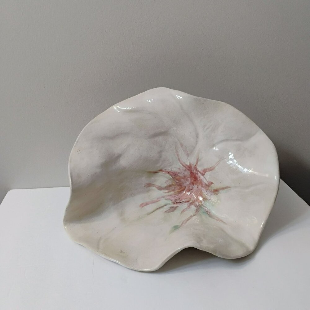 Handcrafted Art Pottery Flower Centerpiece Bowl, Decorative Ceramic White Pink - Picture 2 of 11